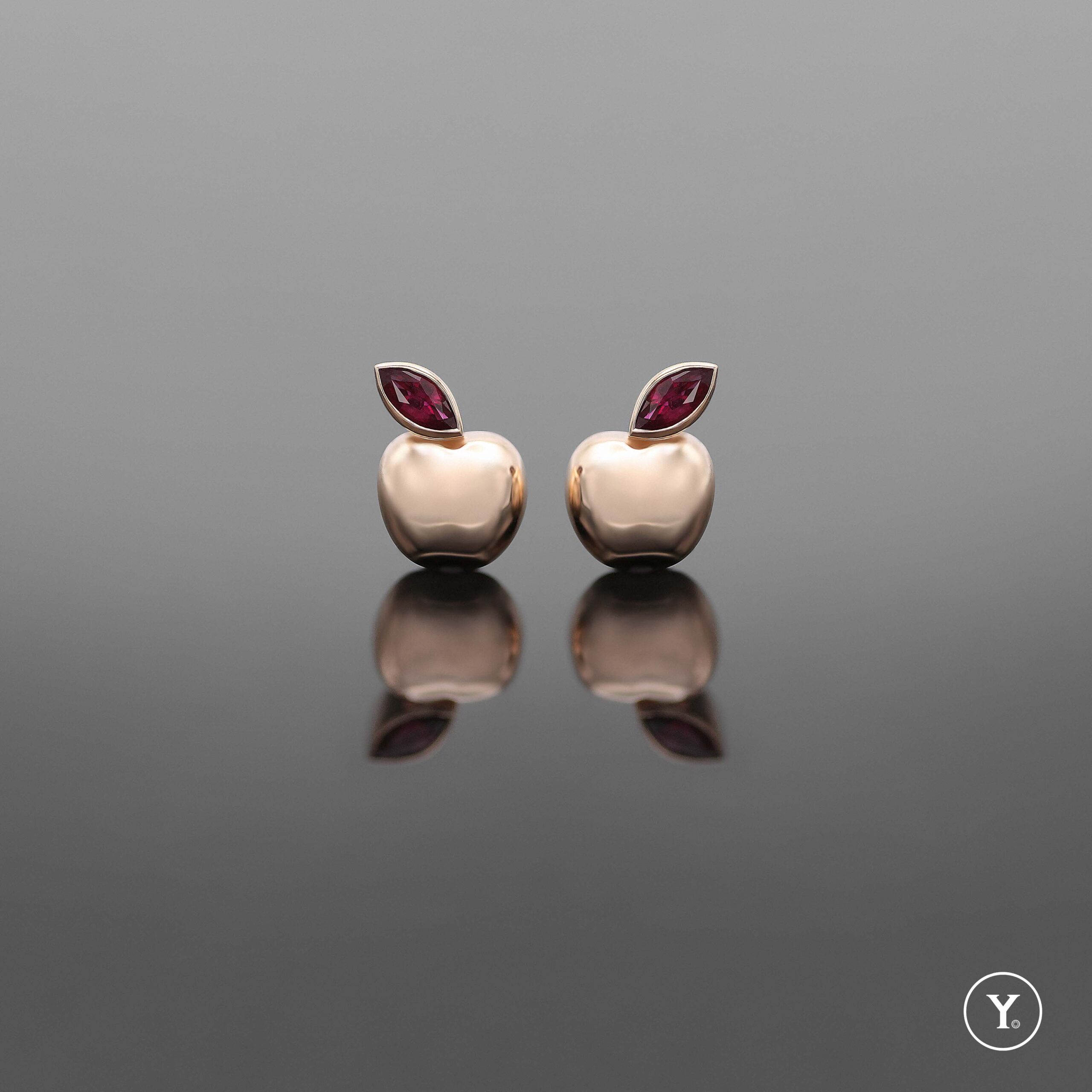 Apple || Stud Earrings with Ruby in 14K Solid Gold, Rose Gold