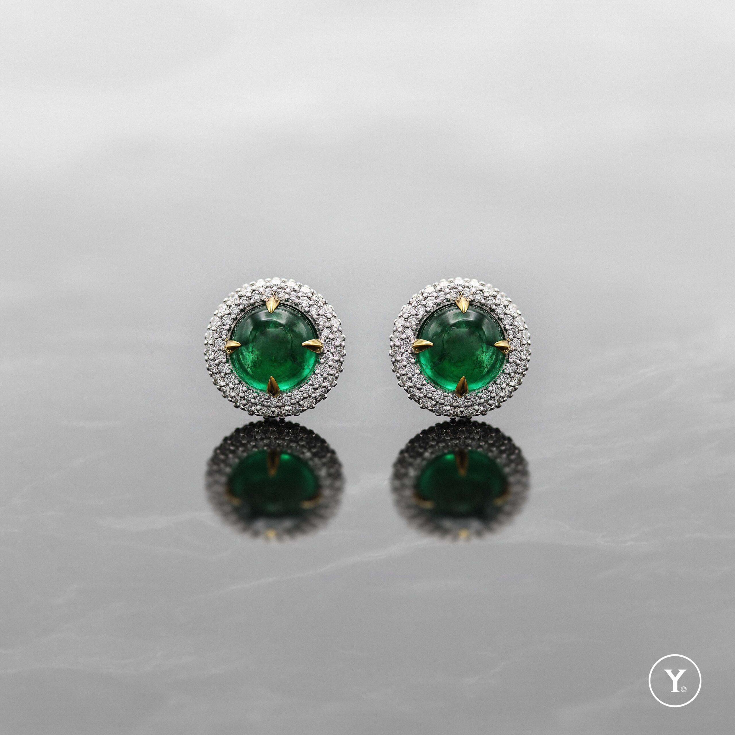 The Dome || Emerald Cabochon &amp;amp; Diamond Earrings in 14K Solid Gold, White Gold
