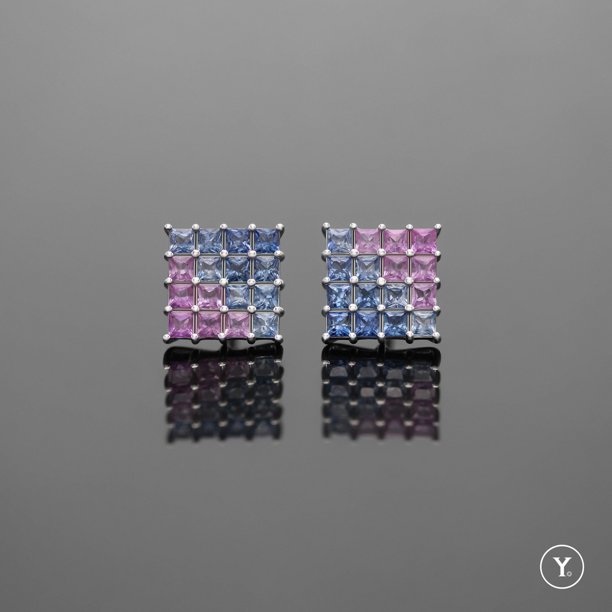 Rainy Blossom || Pink-Blue Gradiant Sapphire Stud Earrings in 14K Solid Gold, White Gold