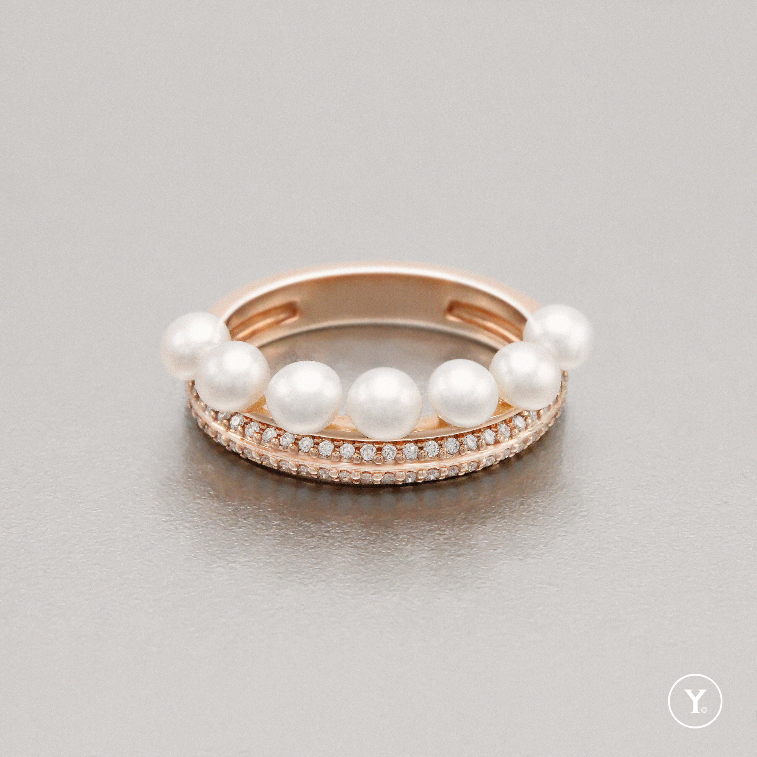 Circular Pearl Band || Diamonds &amp;amp; Pearls Ring in 14K Solid Gold, Rose Gold