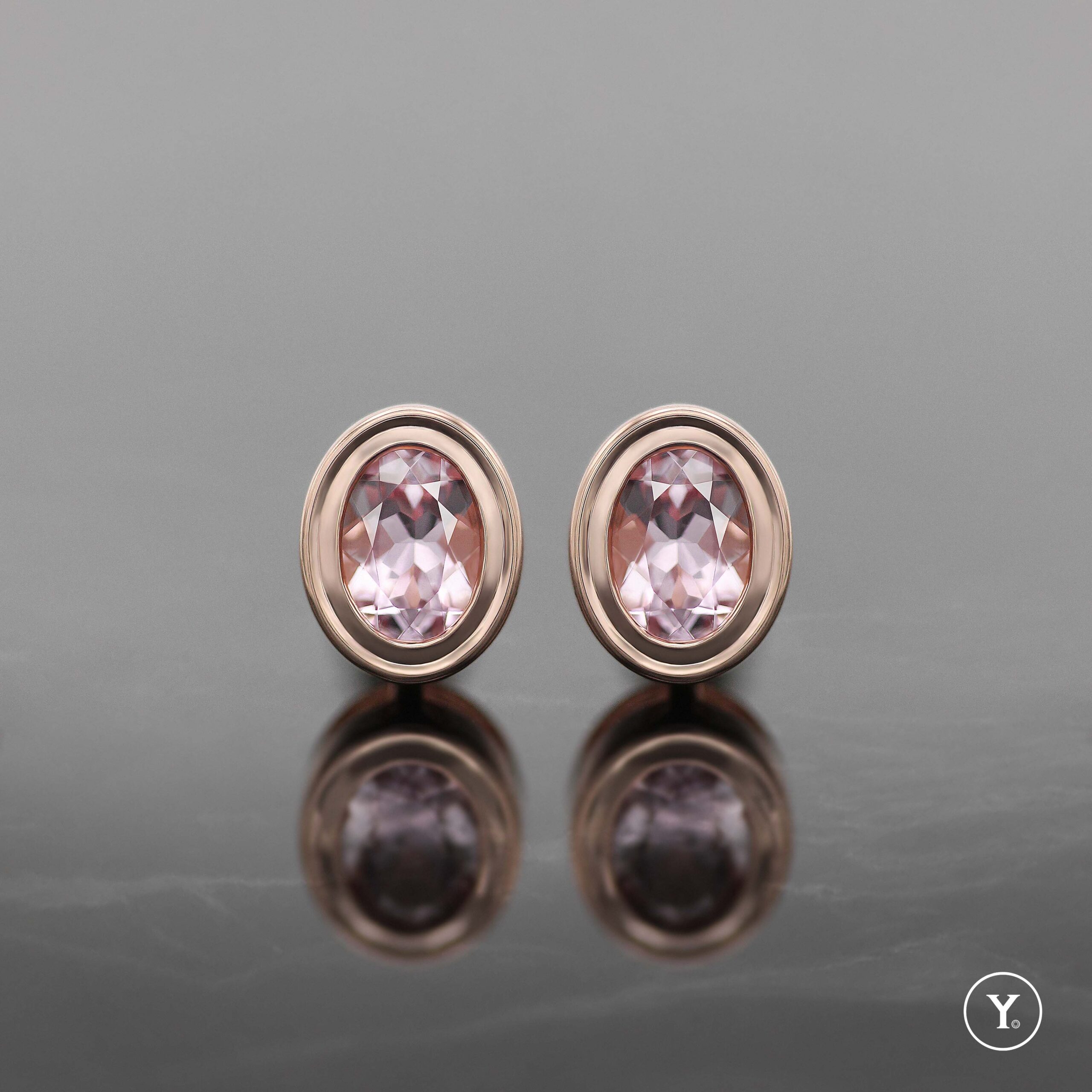Morganite Bezel Stud Earrings in 14K Solid Gold, Rose Gold