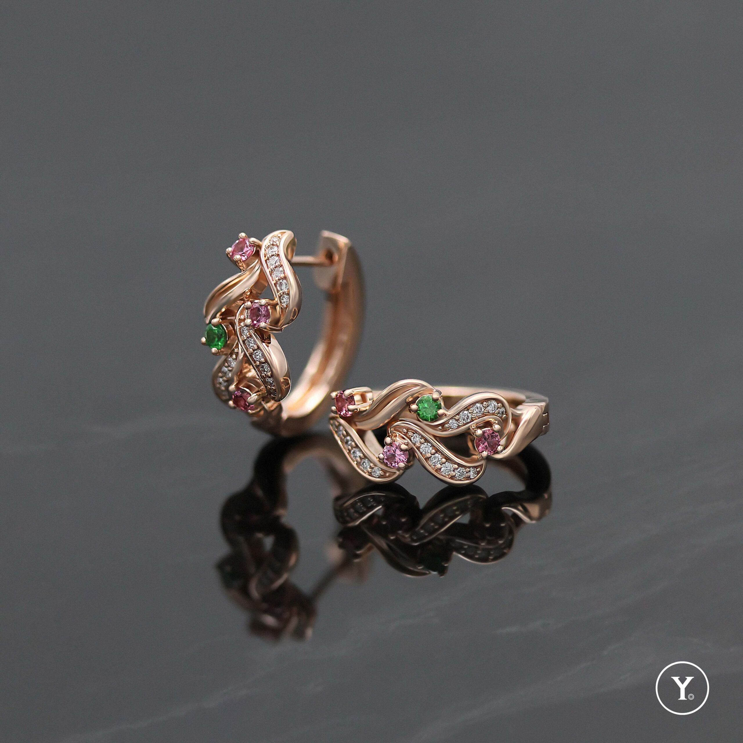 The Laurels || Colorful Gems &amp;amp; Diamond Earrings in 18K Solid Gold, Rose Gold