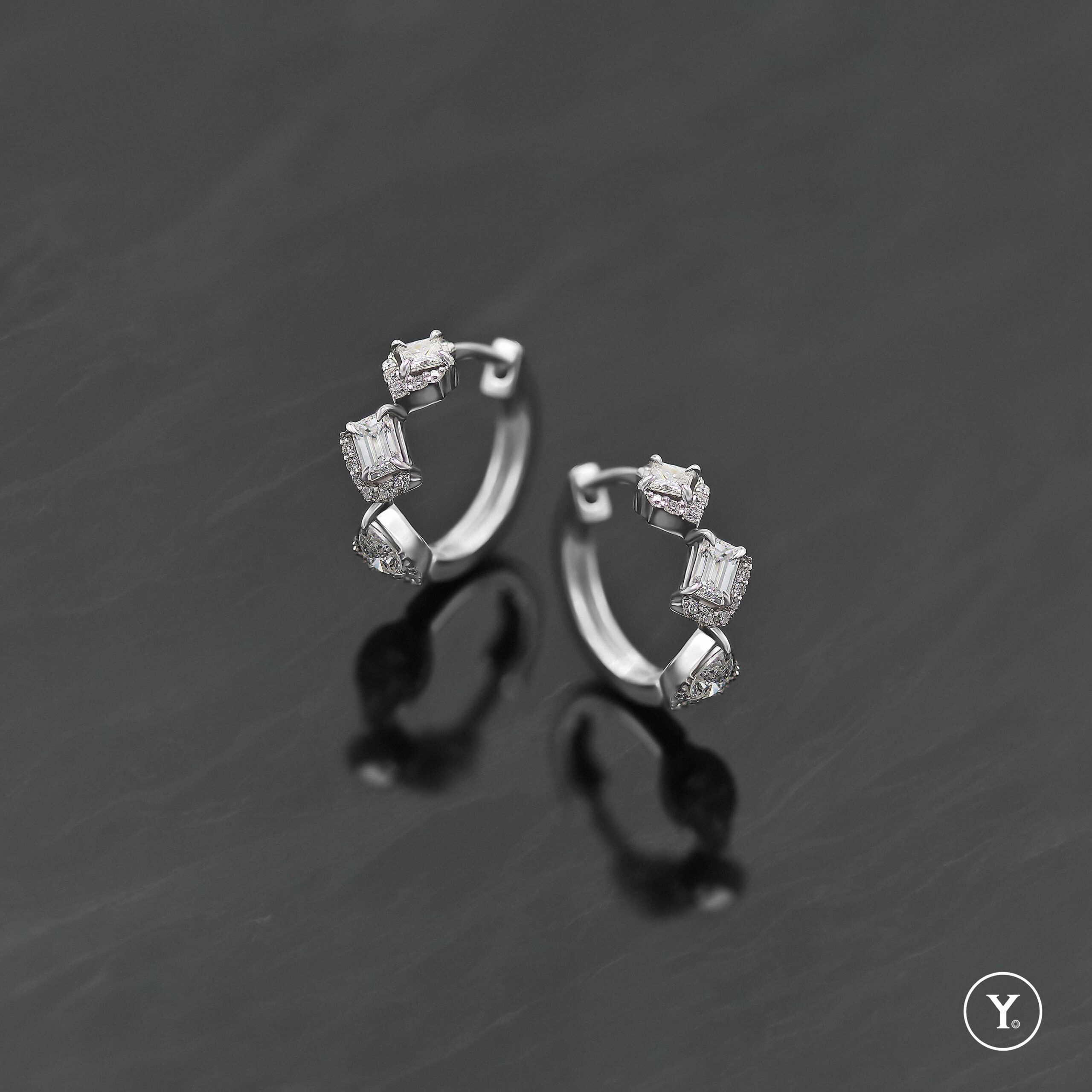 Surtida Hug :: Mixed Fancy Shape Diamond Huggies Earrings 18K White Gold, Solid Gold