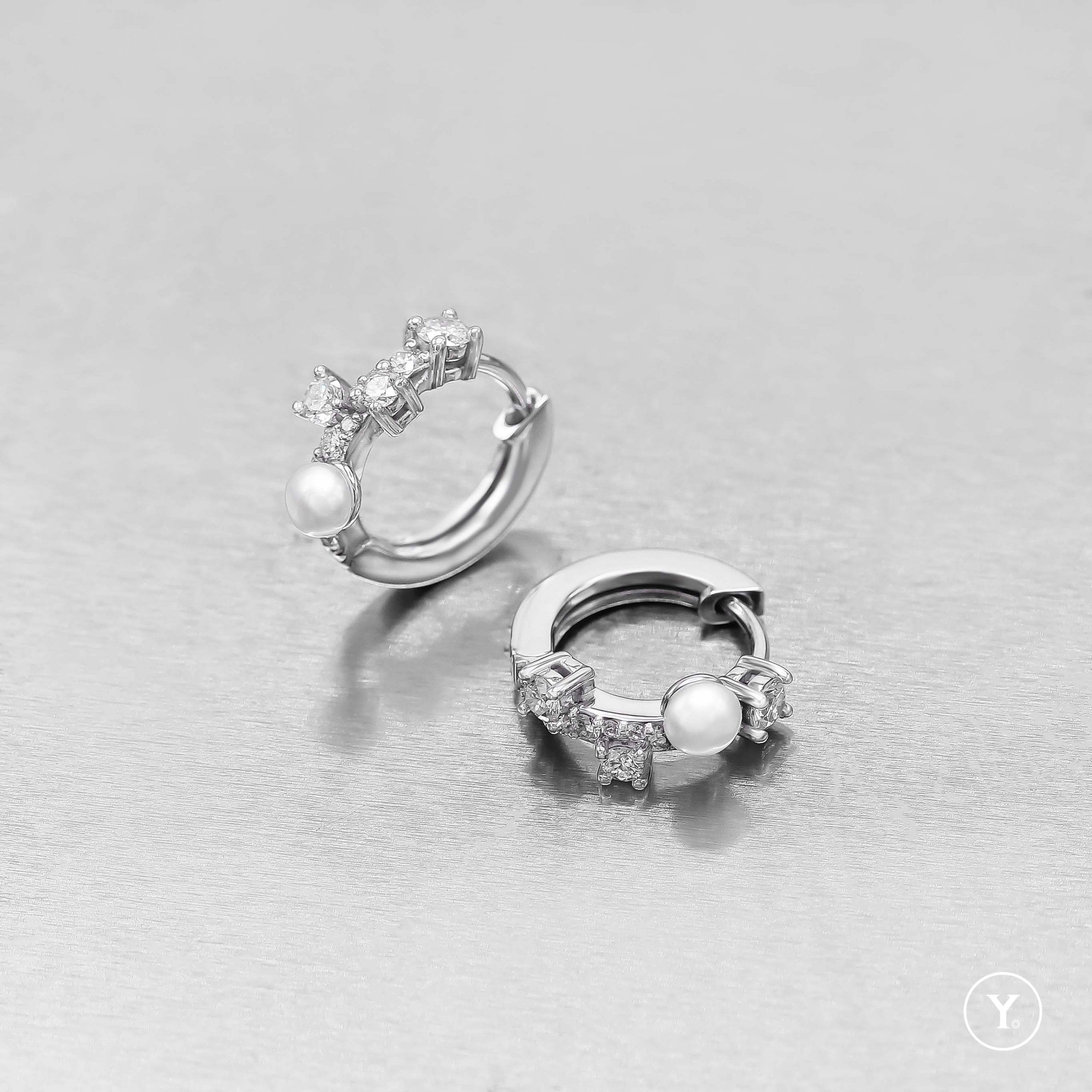 Claire :: Diamond &amp;amp; Pearl Huggies in 14K Solid Gold, White Gold :: Fresh Water Pearl