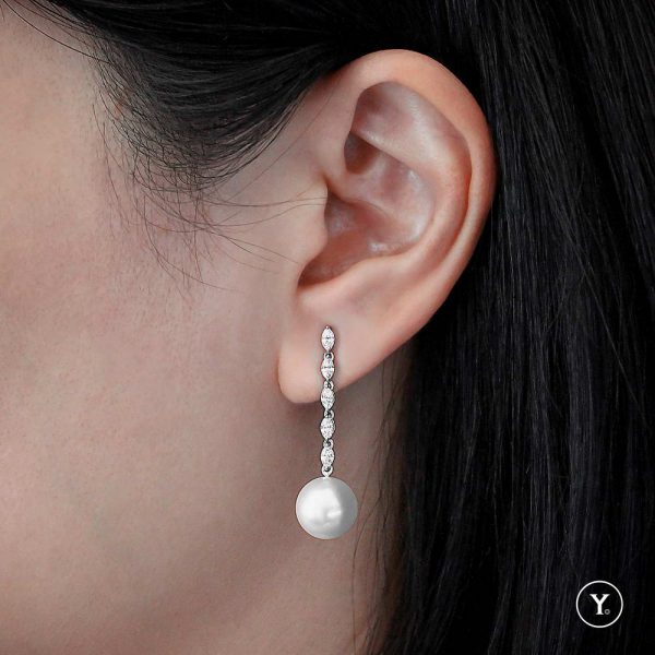 South Sea Pearl & Marquise Diamond Long Drop Earring in 14K Solid Gold - Image 5