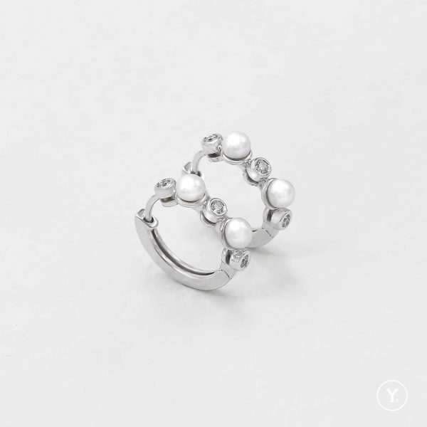 Bazel Setting Pearl & Diamond Huggies in 14K Solid Gold, White Gold