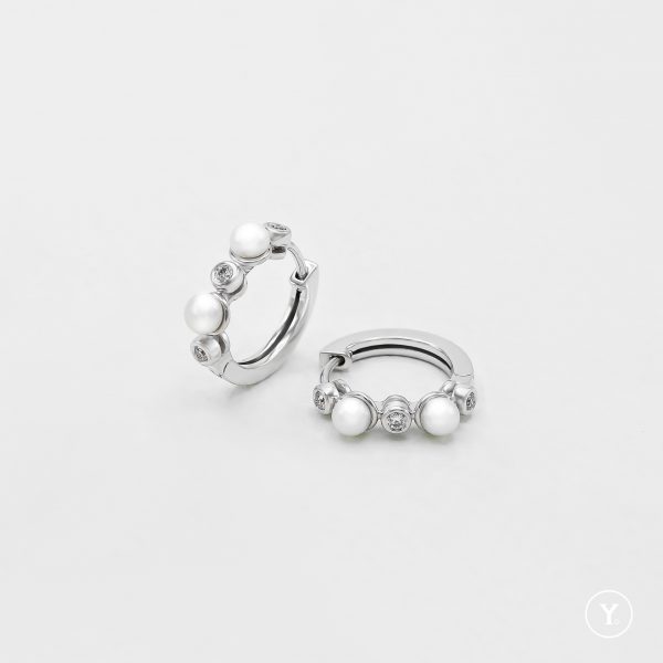 Bazel Setting Pearl & Diamond Huggies in 14K Solid Gold, White Gold - Image 2