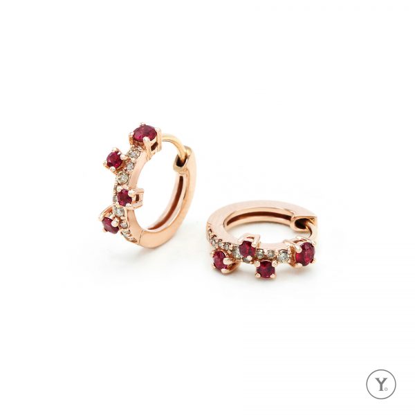Stella Collection || Stella in Passion, 14K – Solid Gold Rose Gold – Brown Diamond & Ruby Huggies