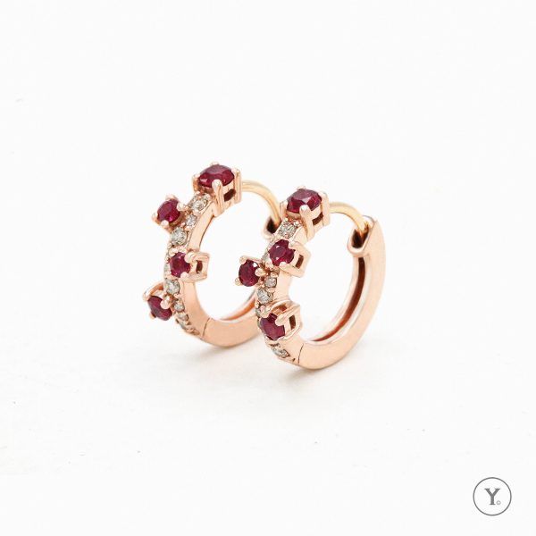 Stella Collection || Stella in Passion, 14K – Solid Gold Rose Gold – Brown Diamond & Ruby Huggies - Image 2