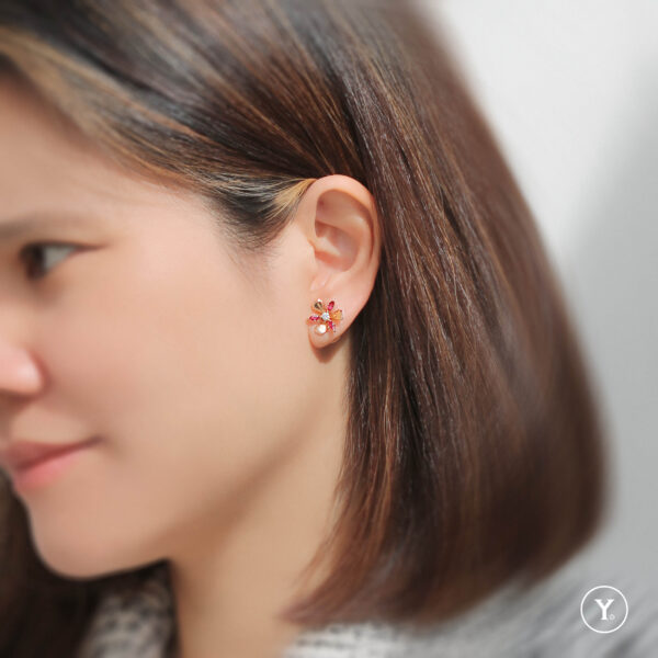 Heather :: 14K Rose Gold Stud Earrings with Burmese Ruby and 10pts H&A D color Diamond - Image 4