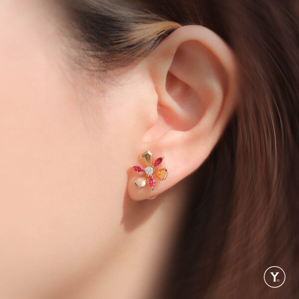 Heather :: 14K Rose Gold Stud Earrings with Burmese Ruby and 10pts H&A D color Diamond - Image 2
