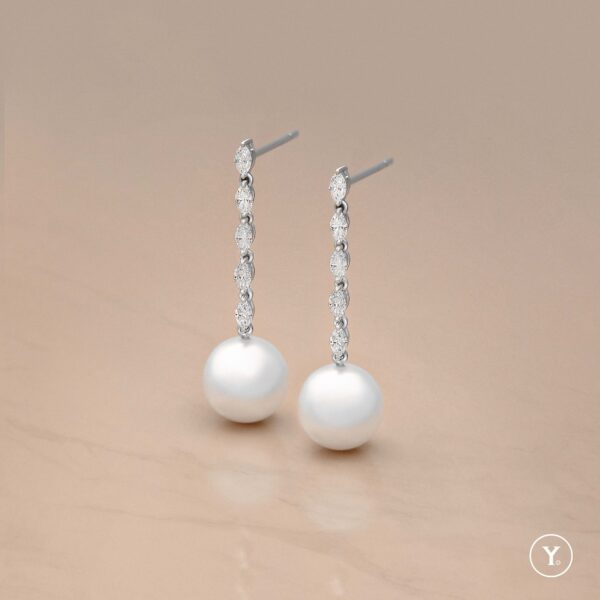South Sea Pearl & Marquise Diamond Long Drop Earring in 14K Solid Gold