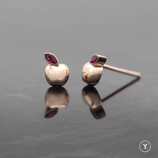 Apple || Stud Earrings with Ruby in 14K Solid Gold, Rose Gold - Image 2
