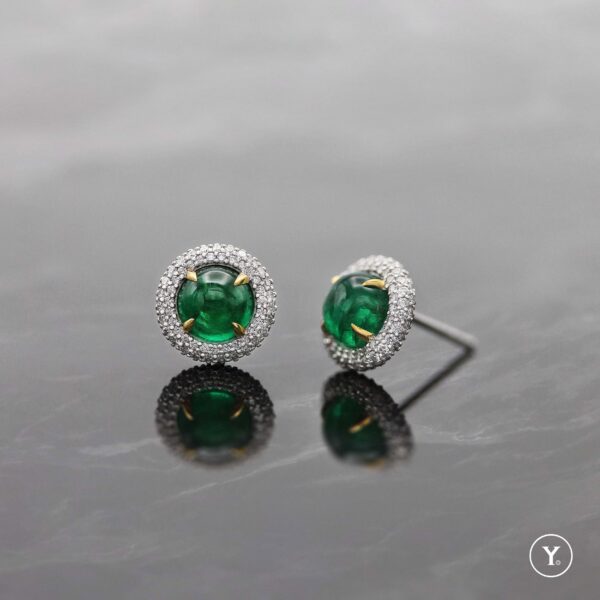 The Dome || Emerald Cabochon & Diamond Earrings in 14K Solid Gold, White Gold - Image 2