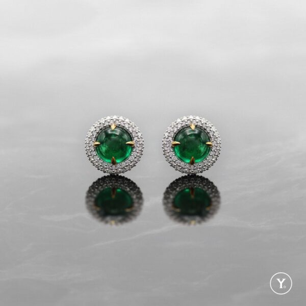 The Dome || Emerald Cabochon & Diamond Earrings in 14K Solid Gold, White Gold