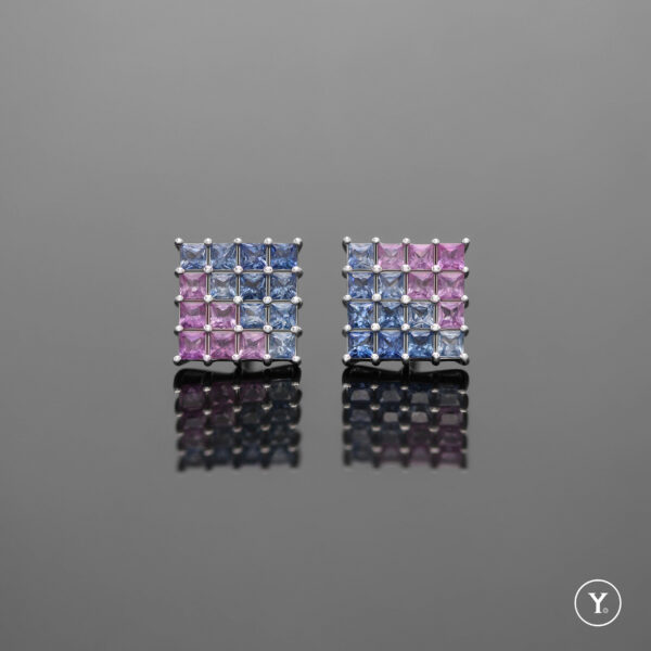 Rainy Blossom || Pink-Blue Gradiant Sapphire Stud Earrings in 14K Solid Gold, White Gold
