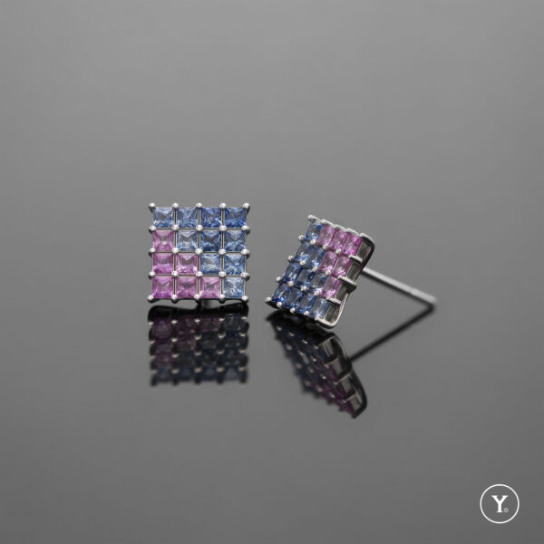 Rainy Blossom || Pink-Blue Gradiant Sapphire Stud Earrings in 14K Solid Gold, White Gold - Image 2